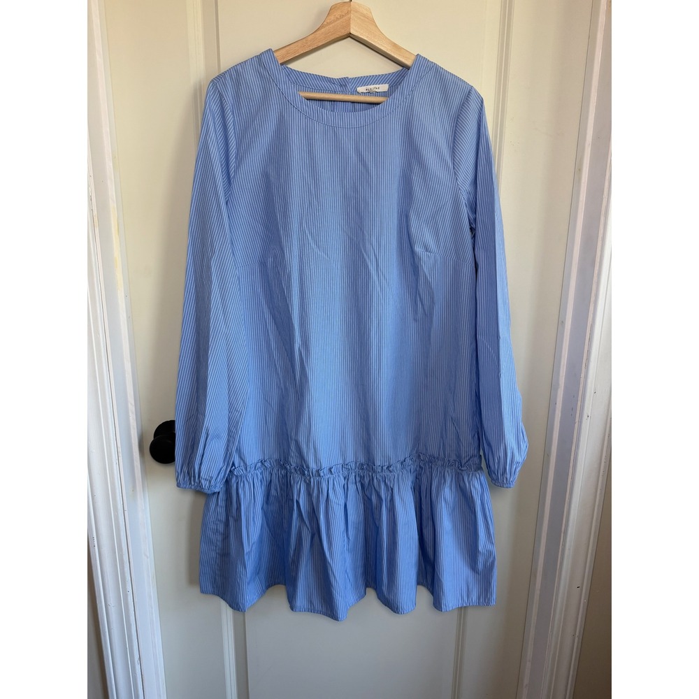 Pleione Womens Blue Pinstripe Ruffle Drop Waist Long Sleeve Shirt Dress L